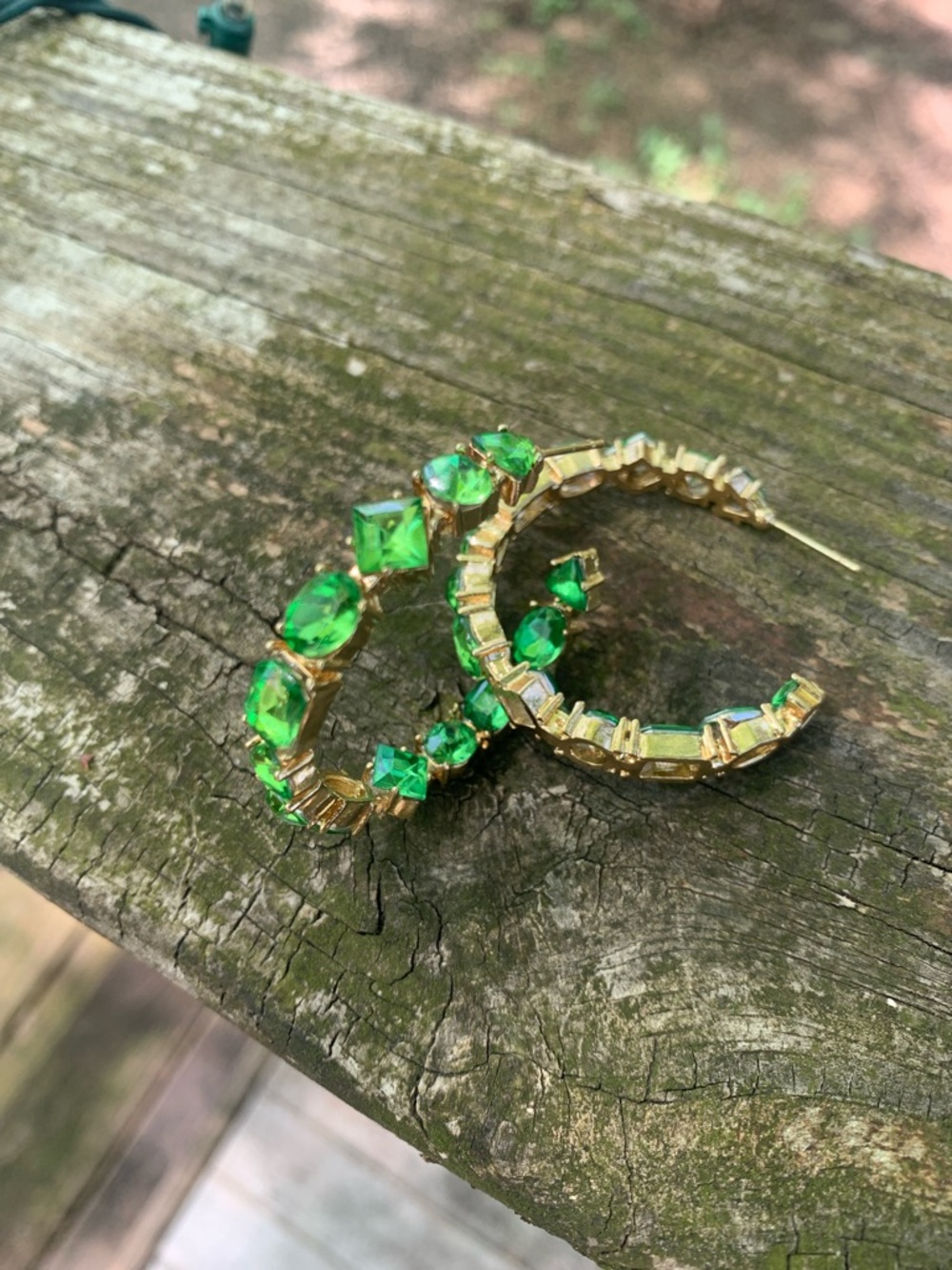Gold Hoop Earrings with Emerald Green Crystals